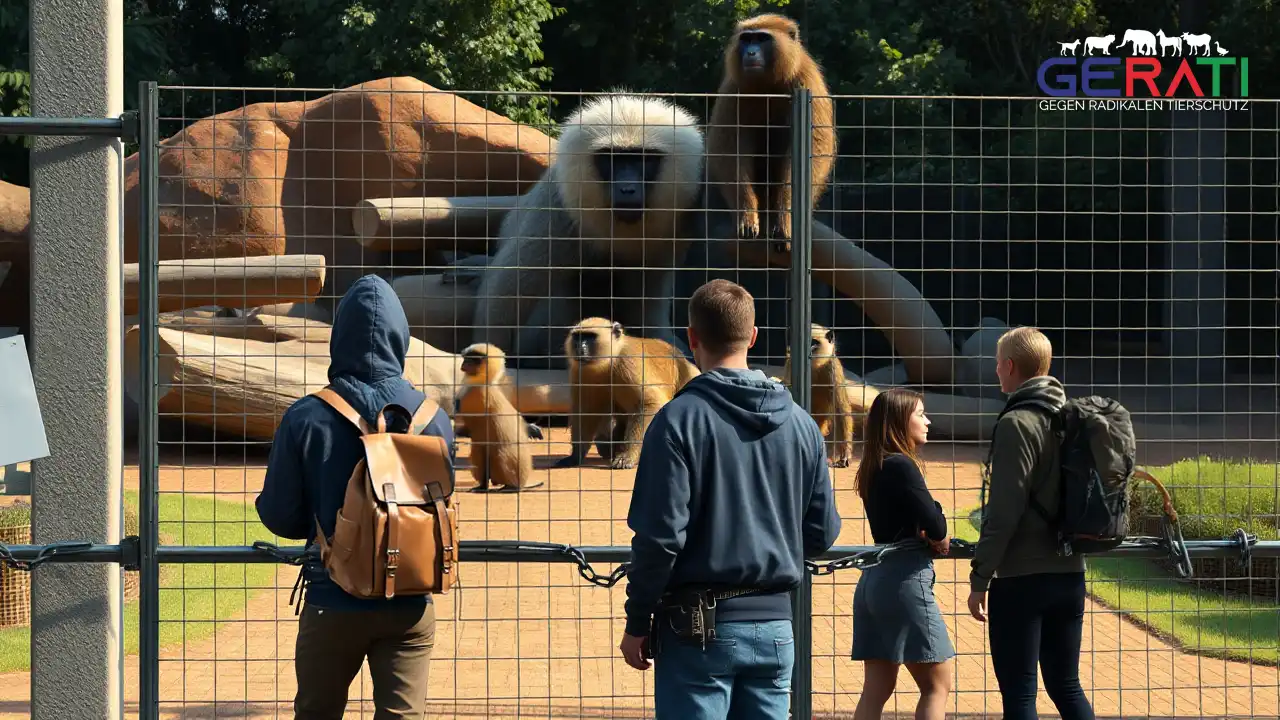Aktivisten beim Pavian-Protest Nürnberg, angekettet vor dem Primatengehege des Zoos, im Hintergrund Guinea-Paviane in ihrer Anlage.