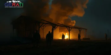 Eine fotorealistische Szene zeigt die Folgen eines verheerenden Stallbrands bei Nacht. Die verkohlten Überreste des Schweinestalls zeichnen sich gegen einen rauchigen Himmel ab. Im Hintergrund arbeiten Feuerwehrleute, deren Gestalten teilweise von Rauch und Schatten verdeckt sind. Im Vordergrund dominiert die traurige Szenerie des ausgebrannten Stalls, umgeben von verdrehten Metallteilen und Trümmern. Die Atmosphäre ist schwer und bedrückend, vermittelt Tragödie und Verlust. In der Ferne sind noch einige flackernde Flammen zu sehen, die der Szene einen unheimlichen Schein verleihen. Das Bild weckt ein Gefühl von Dringlichkeit und regt zum Nachdenken über die breiteren Themen der industriellen Tierhaltung und Sicherheitsstandards an.