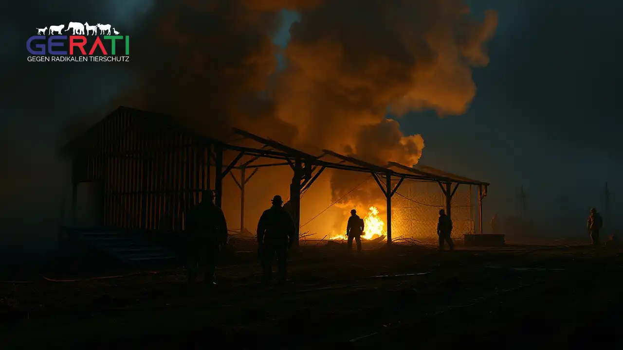Eine fotorealistische Szene zeigt die Folgen eines verheerenden Stallbrands bei Nacht. Die verkohlten Überreste des Schweinestalls zeichnen sich gegen einen rauchigen Himmel ab. Im Hintergrund arbeiten Feuerwehrleute, deren Gestalten teilweise von Rauch und Schatten verdeckt sind. Im Vordergrund dominiert die traurige Szenerie des ausgebrannten Stalls, umgeben von verdrehten Metallteilen und Trümmern. Die Atmosphäre ist schwer und bedrückend, vermittelt Tragödie und Verlust. In der Ferne sind noch einige flackernde Flammen zu sehen, die der Szene einen unheimlichen Schein verleihen. Das Bild weckt ein Gefühl von Dringlichkeit und regt zum Nachdenken über die breiteren Themen der industriellen Tierhaltung und Sicherheitsstandards an.