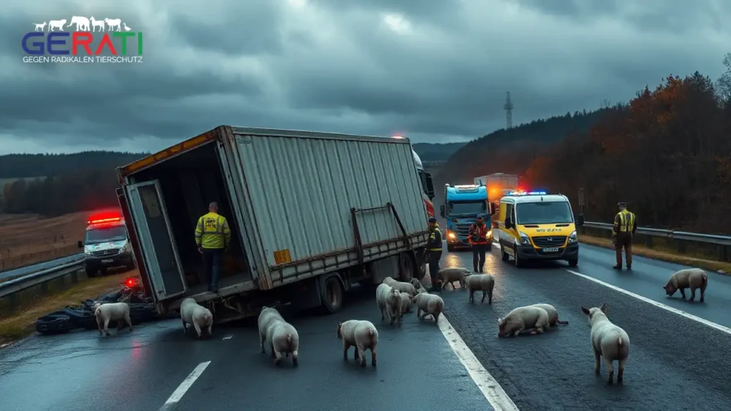 Alternativtext: Auf der Autobahn 31 im Emsland, Deutschland, zeigt das Bild die dramatische Szene eines umgestürzten Tiertransporters. Auf der Fahrbahn sind verstreute Tiere wie Schweine oder Kühe zu sehen, einige wirken verwirrt oder verängstigt. Einsatzkräfte der Polizei und Rettungsdienste sind vor Ort und managen die Situation mit Fahrzeugen und Ausrüstung. Die Atmosphäre ist angespannt, aber geordnet, was Dringlichkeit und Besorgnis widerspiegelt. Die Umgebung zeigt eine typische norddeutsche Autobahn mit bewölktem Himmel, was die ernste Stimmung unterstreicht.