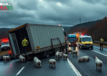 Alternativtext: Auf der Autobahn 31 im Emsland, Deutschland, zeigt das Bild die dramatische Szene eines umgestürzten Tiertransporters. Auf der Fahrbahn sind verstreute Tiere wie Schweine oder Kühe zu sehen, einige wirken verwirrt oder verängstigt. Einsatzkräfte der Polizei und Rettungsdienste sind vor Ort und managen die Situation mit Fahrzeugen und Ausrüstung. Die Atmosphäre ist angespannt, aber geordnet, was Dringlichkeit und Besorgnis widerspiegelt. Die Umgebung zeigt eine typische norddeutsche Autobahn mit bewölktem Himmel, was die ernste Stimmung unterstreicht.