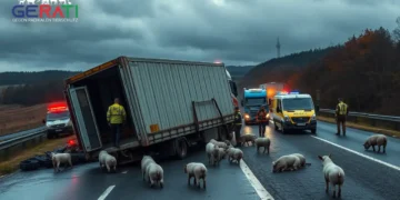 Tiertransporte im Fokus: Ermittlungen der Polizei Emsland abgeschlossen 18 Alternativtext: Auf der Autobahn 31 im Emsland, Deutschland, zeigt das Bild die dramatische Szene eines umgestürzten Tiertransporters. Auf der Fahrbahn sind verstreute Tiere wie Schweine oder Kühe zu sehen, einige wirken verwirrt oder verängstigt. Einsatzkräfte der Polizei und Rettungsdienste sind vor Ort und managen die Situation mit Fahrzeugen und Ausrüstung. Die Atmosphäre ist angespannt, aber geordnet, was Dringlichkeit und Besorgnis widerspiegelt. Die Umgebung zeigt eine typische norddeutsche Autobahn mit bewölktem Himmel, was die ernste Stimmung unterstreicht.