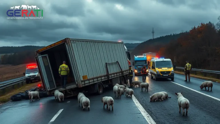 Alternativtext: Auf der Autobahn 31 im Emsland, Deutschland, zeigt das Bild die dramatische Szene eines umgestürzten Tiertransporters. Auf der Fahrbahn sind verstreute Tiere wie Schweine oder Kühe zu sehen, einige wirken verwirrt oder verängstigt. Einsatzkräfte der Polizei und Rettungsdienste sind vor Ort und managen die Situation mit Fahrzeugen und Ausrüstung. Die Atmosphäre ist angespannt, aber geordnet, was Dringlichkeit und Besorgnis widerspiegelt. Die Umgebung zeigt eine typische norddeutsche Autobahn mit bewölktem Himmel, was die ernste Stimmung unterstreicht.