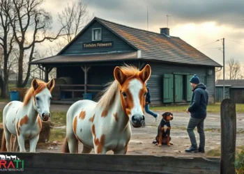 Zwei gerettete Ponys stehen auf einer Weide vor dem Tierheim Felsberg-Beuern, umgeben von herbstlicher Landschaft und liebevollen Helfern.