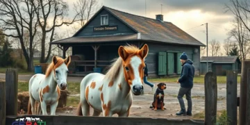 Zwei gerettete Ponys stehen auf einer Weide vor dem Tierheim Felsberg-Beuern, umgeben von herbstlicher Landschaft und liebevollen Helfern.