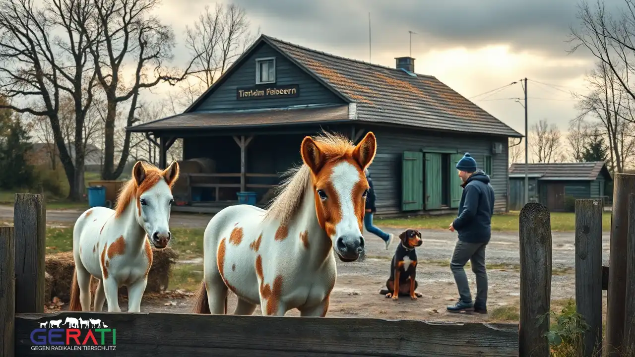 Zwei gerettete Ponys stehen auf einer Weide vor dem Tierheim Felsberg-Beuern, umgeben von herbstlicher Landschaft und liebevollen Helfern.