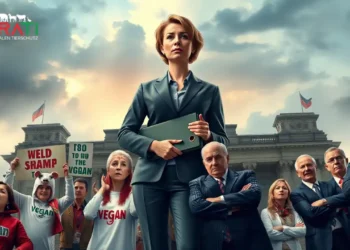 Debatte um das Amt der Bundestierschutzbeauftragte 25 Dreiteilige Darstellung der Bundestierschutzbeauftragten vor dem Reichstag, mit Tierrechtsaktivisten links und Kritikern aus Politik und Landwirtschaft rechts.