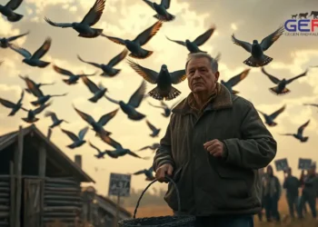 PETA im Visier: Wenn Vorwürfe gegen Brieftaubenzüchter ins Leere laufen 40 Ein Brieftaubenzüchter lässt im Morgenlicht seine Tauben fliegen – im Hintergrund verschwommen eine kleine Protestgruppe mit PETA-Schildern.