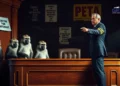 Photorealistische Darstellung einer Gerichtsverhandlung zwischen PETA und einem Zoo, symbolisch mit Pavianen und Dokumenten zur Tiertötung.