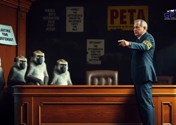 Photorealistische Darstellung einer Gerichtsverhandlung zwischen PETA und einem Zoo, symbolisch mit Pavianen und Dokumenten zur Tiertötung.