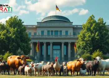 Tierschutz im Kanzleramt? Eine kritische Betrachtung der Forderungen des Deutschen Tierschutzbundes 25 Das Titelbild zeigt das Bundeskanzleramt in Berlin mit seiner markanten, modernen Architektur, umgeben von üppigem Grün, das für Natur und Tierschutz steht. Im Vordergrund sind verschiedene Tiere wie Kühe, Schweine, Hühner und Schafe friedlich zusammen, was die Harmonie zwischen Politik und Tierschutz symbolisiert. Der Himmel ist klar und hell, was auf eine hoffnungsvolle Zukunft für Tierrechte hinweist. Die Atmosphäre des Bildes balanciert die Spannung zwischen politischer Macht und der Bedeutung des Tierschutzes.