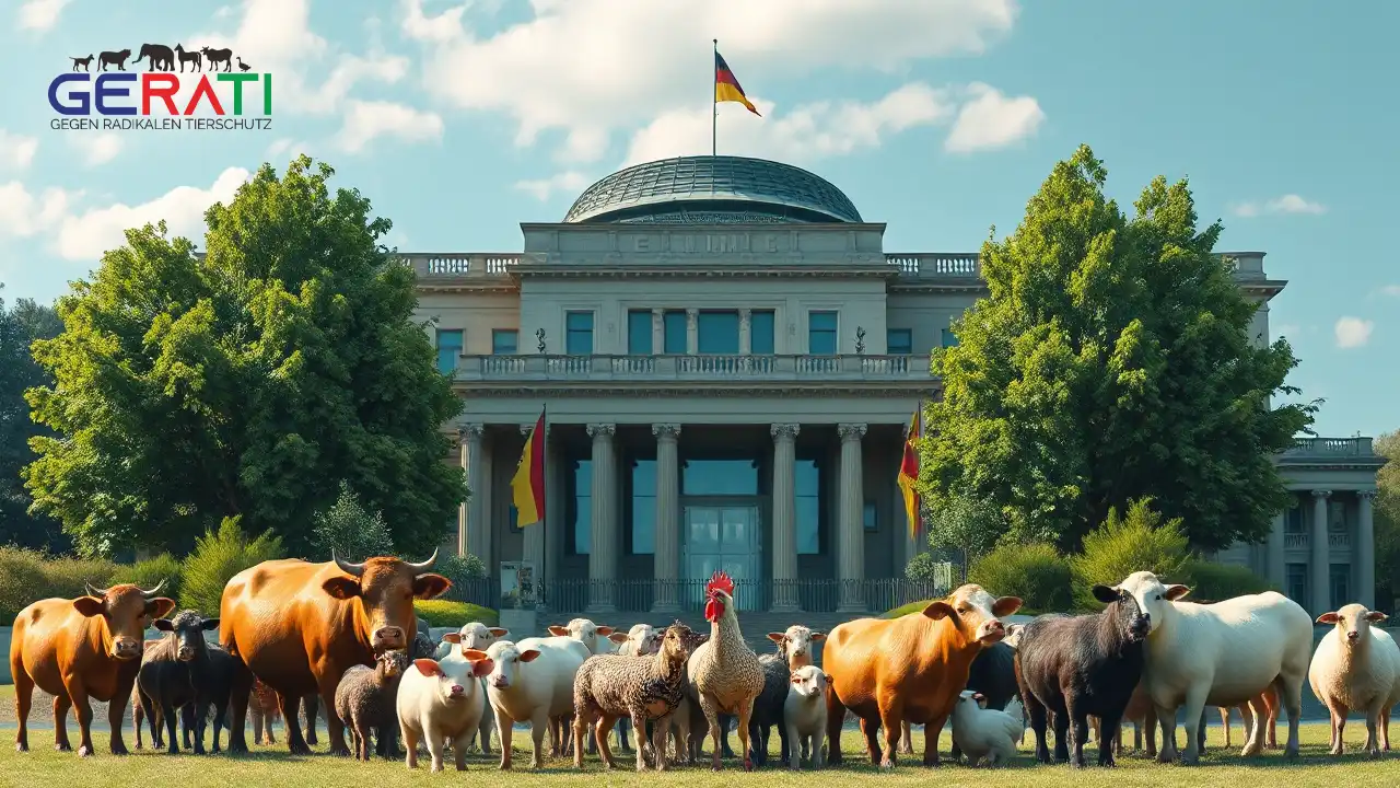 Das Titelbild zeigt das Bundeskanzleramt in Berlin mit seiner markanten, modernen Architektur, umgeben von üppigem Grün, das für Natur und Tierschutz steht. Im Vordergrund sind verschiedene Tiere wie Kühe, Schweine, Hühner und Schafe friedlich zusammen, was die Harmonie zwischen Politik und Tierschutz symbolisiert. Der Himmel ist klar und hell, was auf eine hoffnungsvolle Zukunft für Tierrechte hinweist. Die Atmosphäre des Bildes balanciert die Spannung zwischen politischer Macht und der Bedeutung des Tierschutzes.