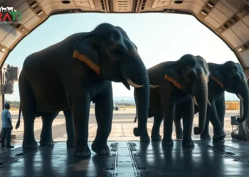 Ein fotorealistisches Bild zeigt eine emotional aufgeladene Szene des Elefantentransports. Eine Gruppe majestätischer asiatischer Elefanten steht im Inneren eines großen, speziell entwickelten Frachtflugzeugs. Der Innenraum des Flugzeugs ist geräumig, während Tierärzte und Tierpfleger sich sorgfältig um die Elefanten kümmern, um deren Sicherheit und Komfort zu gewährleisten. Durch die offene Frachttür ist das geschäftige Rollfeld eines Flughafens in Indien zu sehen, mit klarem Himmel und der fernen Silhouette grüner Landschaften. Die Szene fängt die Anspannung und Besorgnis ein, die mit der Reise der Elefanten verbunden sind, und spiegelt die Komplexität und emotionale Bedeutung des Langstreckentransports von Tieren wider.