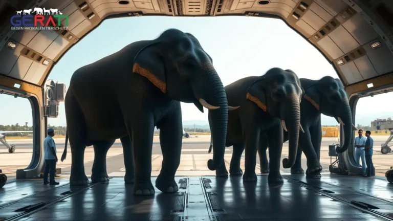 Ein fotorealistisches Bild zeigt eine emotional aufgeladene Szene des Elefantentransports. Eine Gruppe majestätischer asiatischer Elefanten steht im Inneren eines großen, speziell entwickelten Frachtflugzeugs. Der Innenraum des Flugzeugs ist geräumig, während Tierärzte und Tierpfleger sich sorgfältig um die Elefanten kümmern, um deren Sicherheit und Komfort zu gewährleisten. Durch die offene Frachttür ist das geschäftige Rollfeld eines Flughafens in Indien zu sehen, mit klarem Himmel und der fernen Silhouette grüner Landschaften. Die Szene fängt die Anspannung und Besorgnis ein, die mit der Reise der Elefanten verbunden sind, und spiegelt die Komplexität und emotionale Bedeutung des Langstreckentransports von Tieren wider.