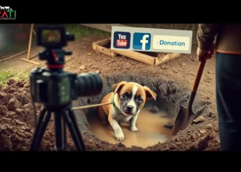 Ein Hund sitzt verängstigt in einem schlammigen Erdloch, während eine Kamera auf einem Stativ auf ihn gerichtet ist – eine Szene inszenierter Fake-Tierrettung.