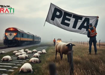 Einsatzkräfte und ein Bauer stehen fassungslos vor toten Schafen auf Gleisen, während im Hintergrund eine PETA Anzeige thematisiert wird.