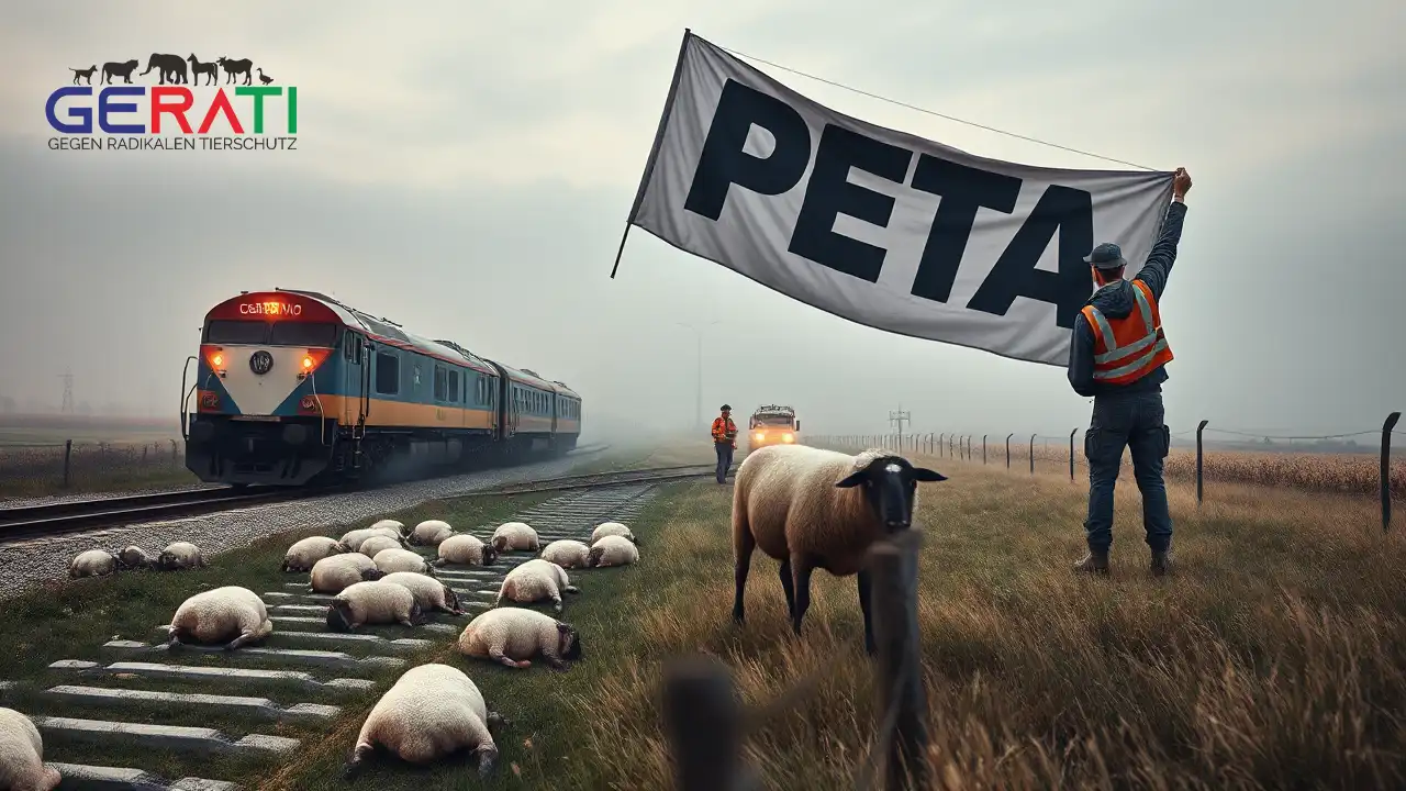 Einsatzkräfte und ein Bauer stehen fassungslos vor toten Schafen auf Gleisen, während im Hintergrund eine PETA Anzeige thematisiert wird.