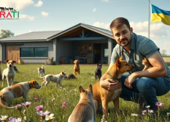 Ein junger Mann kniet vor einem modernen Tierheim in der Ukraine und streichelt Hund und Katze – Symbol für das Projekt Tierschutz Ukraine Tierheim.