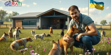 Ein Ort der Hoffnung: Tierschutz Ukraine Tierheim 18 Ein junger Mann kniet vor einem modernen Tierheim in der Ukraine und streichelt Hund und Katze – Symbol für das Projekt Tierschutz Ukraine Tierheim.