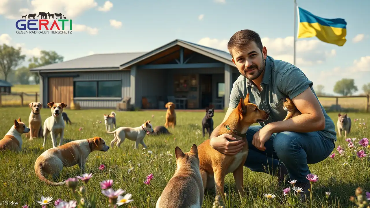 Ein junger Mann kniet vor einem modernen Tierheim in der Ukraine und streichelt Hund und Katze – Symbol für das Projekt Tierschutz Ukraine Tierheim.