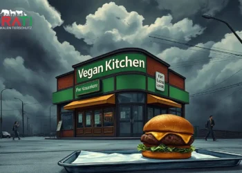 Verlassenes veganes Restaurant mit heruntergekommener Fassade und einem halb gegessenen veganen Burger im Vordergrund – Symbol für das vegane Sterben.