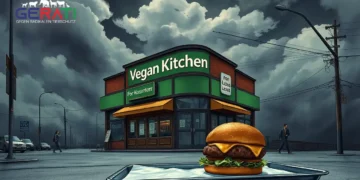 Verlassenes veganes Restaurant mit heruntergekommener Fassade und einem halb gegessenen veganen Burger im Vordergrund – Symbol für das vegane Sterben.