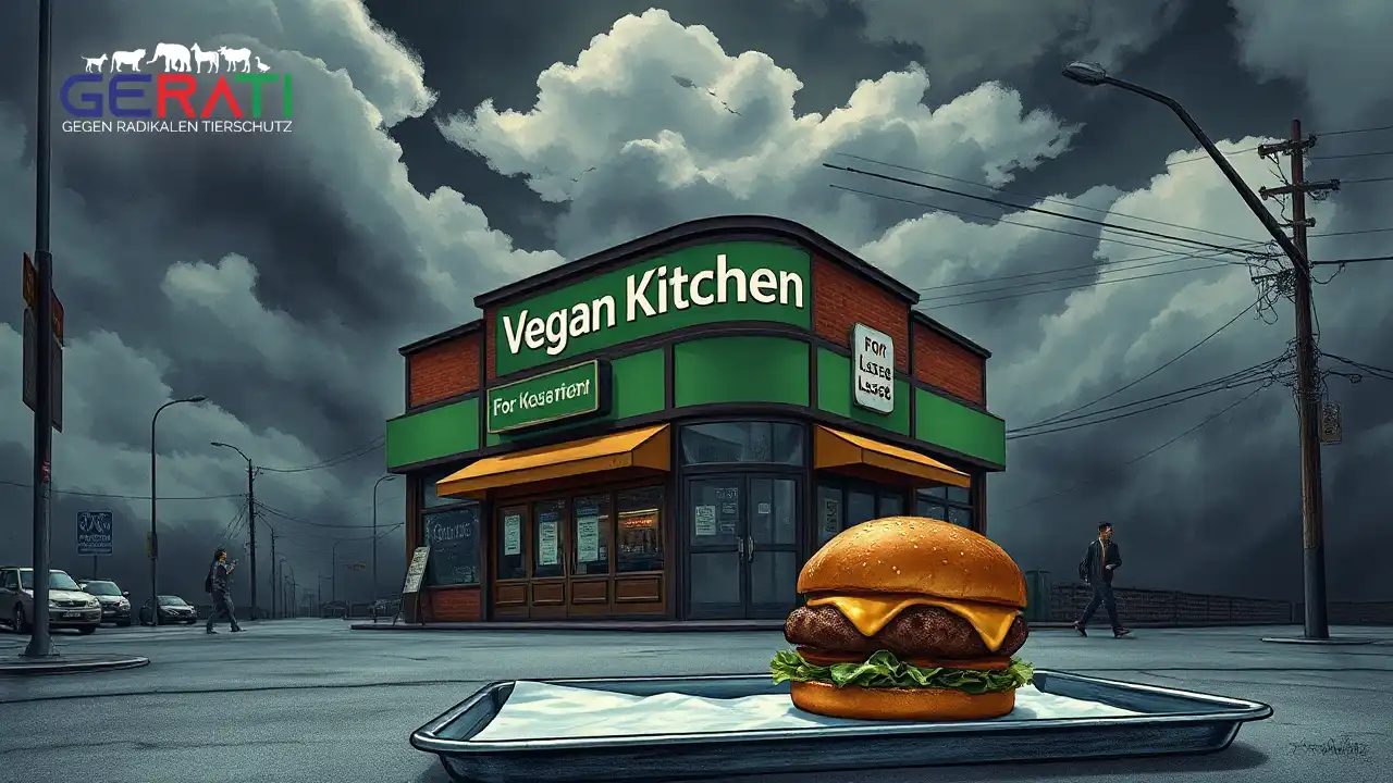 Verlassenes veganes Restaurant mit heruntergekommener Fassade und einem halb gegessenen veganen Burger im Vordergrund – Symbol für das vegane Sterben.