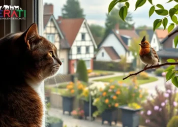 Walldorf im Zwiespalt: Katzenfreilaufverbot, PETA und die Frage nach echtem Tierschutz 35 Ein idyllisches Vorstadtbild in Walldorf, Deutschland, zeigt eine malerische Nachbarschaft mit traditioneller deutscher Architektur. Im Vordergrund blickt eine zufriedene Hauskatze sehnsüchtig durch ein Fenster in einen üppigen Garten. Draußen herrscht eine lebendige Naturszene mit verschiedenen Vogelarten, darunter eine markante Haubenlerche auf einem Ast. Die Atmosphäre vermittelt ein Gefühl des friedlichen Zusammenlebens, spiegelt aber auch eine unterschwellige Spannung wider, die die Balance zwischen Tierschutz, Naturschutzbemühungen und den Anliegen von Haustierbesitzern betrifft. In diesem Kontext wird auf das Katzenfreilaufverbot hingewiesen, das Teil der Herausforderungen dieser Gemeinschaft ist. Weiches, natürliches Licht und eine harmonische Farbpalette verstärken die realistische und emotionale Tiefe der Szene.
