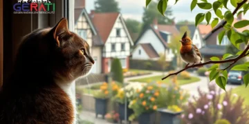 Ein idyllisches Vorstadtbild in Walldorf, Deutschland, zeigt eine malerische Nachbarschaft mit traditioneller deutscher Architektur. Im Vordergrund blickt eine zufriedene Hauskatze sehnsüchtig durch ein Fenster in einen üppigen Garten. Draußen herrscht eine lebendige Naturszene mit verschiedenen Vogelarten, darunter eine markante Haubenlerche auf einem Ast. Die Atmosphäre vermittelt ein Gefühl des friedlichen Zusammenlebens, spiegelt aber auch eine unterschwellige Spannung wider, die die Balance zwischen Tierschutz, Naturschutzbemühungen und den Anliegen von Haustierbesitzern betrifft. In diesem Kontext wird auf das Katzenfreilaufverbot hingewiesen, das Teil der Herausforderungen dieser Gemeinschaft ist. Weiches, natürliches Licht und eine harmonische Farbpalette verstärken die realistische und emotionale Tiefe der Szene.