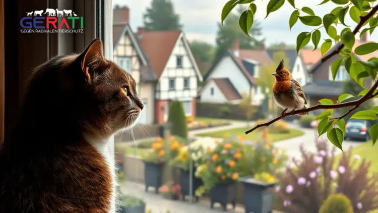 Ein idyllisches Vorstadtbild in Walldorf, Deutschland, zeigt eine malerische Nachbarschaft mit traditioneller deutscher Architektur. Im Vordergrund blickt eine zufriedene Hauskatze sehnsüchtig durch ein Fenster in einen üppigen Garten. Draußen herrscht eine lebendige Naturszene mit verschiedenen Vogelarten, darunter eine markante Haubenlerche auf einem Ast. Die Atmosphäre vermittelt ein Gefühl des friedlichen Zusammenlebens, spiegelt aber auch eine unterschwellige Spannung wider, die die Balance zwischen Tierschutz, Naturschutzbemühungen und den Anliegen von Haustierbesitzern betrifft. In diesem Kontext wird auf das Katzenfreilaufverbot hingewiesen, das Teil der Herausforderungen dieser Gemeinschaft ist. Weiches, natürliches Licht und eine harmonische Farbpalette verstärken die realistische und emotionale Tiefe der Szene.