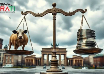 Das Bild zeigt eine dramatische Szene, die den Konflikt zwischen Tierschutzpolitik und wirtschaftlichen Interessen in Deutschland symbolisiert. Im Vordergrund ist eine Waage zu sehen: Auf der einen Seite steht ein Nutztier, wie eine Kuh oder ein Schwein, das den Tierschutz repräsentiert, auf der anderen Seite ein Stapel Geldscheine, der die ökonomischen Interessen symbolisiert. Im Hintergrund erkennt man die Silhouette einer deutschen Stadt mit bekannten Wahrzeichen wie dem Brandenburger Tor. Der Himmel ist wolkenverhangen und vermittelt eine Atmosphäre des Wandels und der Unsicherheit. Das Bild ist in einem realistischen Stil gehalten und spiegelt die Komplexität der Thematik wider, ohne Partei zu ergreifen.