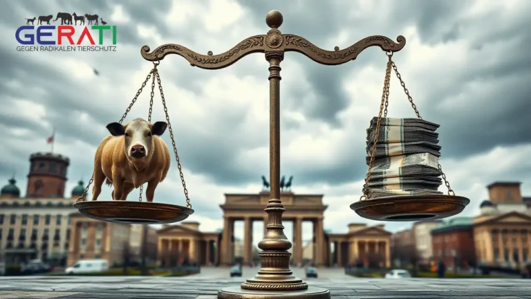 Das Bild zeigt eine dramatische Szene, die den Konflikt zwischen Tierschutzpolitik und wirtschaftlichen Interessen in Deutschland symbolisiert. Im Vordergrund ist eine Waage zu sehen: Auf der einen Seite steht ein Nutztier, wie eine Kuh oder ein Schwein, das den Tierschutz repräsentiert, auf der anderen Seite ein Stapel Geldscheine, der die ökonomischen Interessen symbolisiert. Im Hintergrund erkennt man die Silhouette einer deutschen Stadt mit bekannten Wahrzeichen wie dem Brandenburger Tor. Der Himmel ist wolkenverhangen und vermittelt eine Atmosphäre des Wandels und der Unsicherheit. Das Bild ist in einem realistischen Stil gehalten und spiegelt die Komplexität der Thematik wider, ohne Partei zu ergreifen.