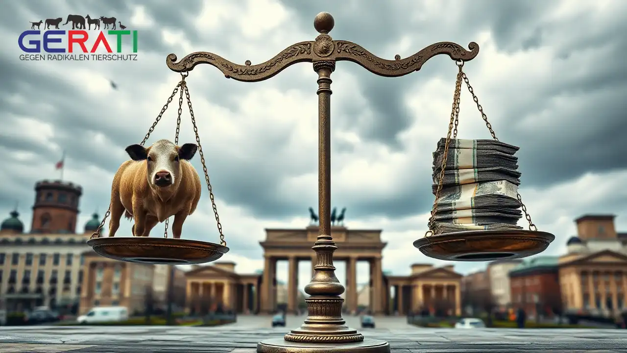 Das Bild zeigt eine dramatische Szene, die den Konflikt zwischen Tierschutzpolitik und wirtschaftlichen Interessen in Deutschland symbolisiert. Im Vordergrund ist eine Waage zu sehen: Auf der einen Seite steht ein Nutztier, wie eine Kuh oder ein Schwein, das den Tierschutz repräsentiert, auf der anderen Seite ein Stapel Geldscheine, der die ökonomischen Interessen symbolisiert. Im Hintergrund erkennt man die Silhouette einer deutschen Stadt mit bekannten Wahrzeichen wie dem Brandenburger Tor. Der Himmel ist wolkenverhangen und vermittelt eine Atmosphäre des Wandels und der Unsicherheit. Das Bild ist in einem realistischen Stil gehalten und spiegelt die Komplexität der Thematik wider, ohne Partei zu ergreifen.