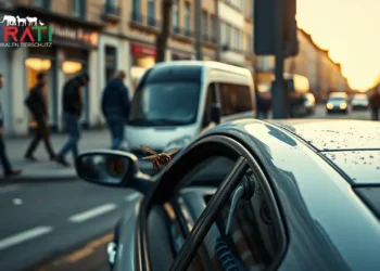 Ein fotorealistisches Bild zeigt die Folgen eines Autounfalls in Jena, Deutschland, verursacht durch eine Fliege. Ein leicht beschädigtes Auto ist mit einer Straßenlaterne kollidiert. Die Szenerie spielt auf einer typischen städtischen Straße in Jena, erkennbar an der charakteristischen Architektur im Hintergrund. Im Mittelpunkt schwebt eine kleine Fliege nahe dem geöffneten Autofenster, die symbolisch für ihren unerwarteten Einfluss steht. Die Szene ist in sanftes Abendlicht getaucht und hebt den Kontrast zwischen dem alltäglichen Ereignis und seinen tieferen Implikationen hervor. Im Hintergrund beobachten Passanten neugierig, was das breite gesellschaftliche Interesse an diesem ungewöhnlichen Fliegenunfall widerspiegelt. Die Stimmung ist nachdenklich und regt dazu an, über das empfindliche Gleichgewicht zwischen menschlichem Handeln und der Natur nachzudenken, was eine Diskussion über Tierschutz anstößt.