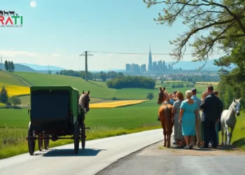 Das Bild zeigt eine fotorealistische Szene in Zschaiten, Deutschland, die das Spannungsfeld zwischen Tierschutz und Tradition darstellt. Im Vordergrund fährt eine traditionelle Pferdekutsche, gelenkt von einem respektvollen Kutscher, auf einer malerischen Landstraße entlang, umgeben von saftig grünen Feldern und sanften Hügeln unter einem klaren blauen Himmel. Im Hintergrund ist subtil eine moderne Stadtsilhouette zu sehen, die den gesellschaftlichen Fortschritt symbolisiert. Eine diverse Gruppe von Menschen diskutiert in der Mitte des Bildes angeregt, was die öffentliche Kontroverse um das von PETA vorgeschlagene Kutschverbot widerspiegelt. Die Szene balanciert Tradition und Moderne und veranschaulicht die Komplexität des Themas.