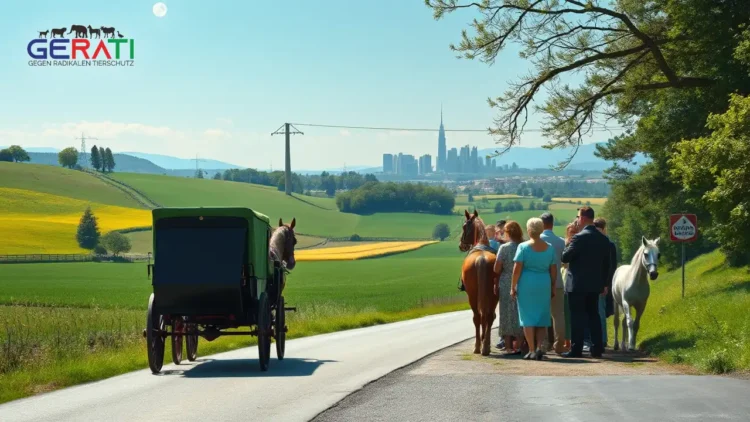 Das Bild zeigt eine fotorealistische Szene in Zschaiten, Deutschland, die das Spannungsfeld zwischen Tierschutz und Tradition darstellt. Im Vordergrund fährt eine traditionelle Pferdekutsche, gelenkt von einem respektvollen Kutscher, auf einer malerischen Landstraße entlang, umgeben von saftig grünen Feldern und sanften Hügeln unter einem klaren blauen Himmel. Im Hintergrund ist subtil eine moderne Stadtsilhouette zu sehen, die den gesellschaftlichen Fortschritt symbolisiert. Eine diverse Gruppe von Menschen diskutiert in der Mitte des Bildes angeregt, was die öffentliche Kontroverse um das von PETA vorgeschlagene Kutschverbot widerspiegelt. Die Szene balanciert Tradition und Moderne und veranschaulicht die Komplexität des Themas.