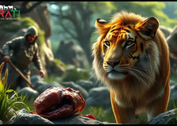 Ein fotorealistisches Bild zeigt eine Raubtierfütterung im Zoo. Im Vordergrund ist ein majestätischer Löwe in einem Gehege zu sehen, seine Augen sind fokussiert und intensiv, was seine instinktive Raubtiernatur widerspiegelt. Die Umgebung ist üppig und naturgetreu gestaltet, mit Felsen, Bäumen und hohen Gräsern, die seinen wilden Lebensraum nachahmen. Im Hintergrund ist die Silhouette eines Tierpflegers zu erkennen, der sorgfältig Fleisch in das Gehege legt, was die Rolle des Menschen im Fütterungsprozess verdeutlicht. Das Bild vermittelt ein Gefühl von Verständnis und Respekt für den natürlichen Lebenszyklus, indem es die ruhige Schönheit der Natur mit der rohen Realität des Überlebens kontrastiert.