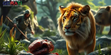 Raubtierfütterung im Zoo: Wenn die Fütterung von Raubtieren zur Kontroverse wird 21 Ein fotorealistisches Bild zeigt eine Raubtierfütterung im Zoo. Im Vordergrund ist ein majestätischer Löwe in einem Gehege zu sehen, seine Augen sind fokussiert und intensiv, was seine instinktive Raubtiernatur widerspiegelt. Die Umgebung ist üppig und naturgetreu gestaltet, mit Felsen, Bäumen und hohen Gräsern, die seinen wilden Lebensraum nachahmen. Im Hintergrund ist die Silhouette eines Tierpflegers zu erkennen, der sorgfältig Fleisch in das Gehege legt, was die Rolle des Menschen im Fütterungsprozess verdeutlicht. Das Bild vermittelt ein Gefühl von Verständnis und Respekt für den natürlichen Lebenszyklus, indem es die ruhige Schönheit der Natur mit der rohen Realität des Überlebens kontrastiert.