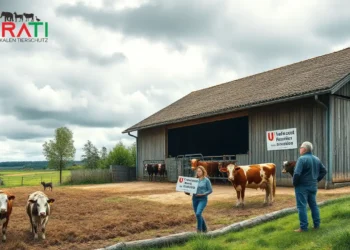 Das Titelbild zeigt eine fotorealistische Szene, die eine kontroverse Debatte über Tierrechte und rechtliche Auseinandersetzungen darstellt. Im Mittelpunkt steht ein traditioneller deutscher Bauernhof mit einem Stall, in dem Kühe in Anbindehaltung gehalten werden, was im Zentrum der Diskussionen steht. Im Vordergrund ist eine Protestszene außerhalb des Stalls zu sehen, bei der eine kleine Gruppe von Tierrechtsaktivisten mit Schildern und Bannern gegen die Haltungsbedingungen protestiert. Ein Bauer steht in der Nähe, was die Spannung zwischen den Aktivisten und der Landwirtschaft verdeutlicht. Der Himmel ist wolkenverhangen, was die ernste und umstrittene Natur der Situation widerspiegelt. Diese Szene symbolisiert den rechtlichen und ethischen Konflikt in der Agrarlandschaft. Der Begriff **"PETA Strafanzeige"** fasst den zentralen Inhalt des Artikels zusammen, der die Kritik an PETA und deren jüngste Strafanzeige gegen einen Hofbetreiber im Landkreis Haßberge beleuchtet.
