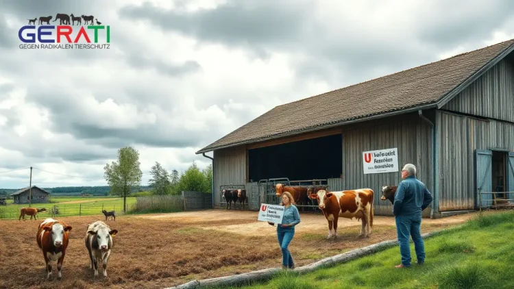 Das Titelbild zeigt eine fotorealistische Szene, die eine kontroverse Debatte über Tierrechte und rechtliche Auseinandersetzungen darstellt. Im Mittelpunkt steht ein traditioneller deutscher Bauernhof mit einem Stall, in dem Kühe in Anbindehaltung gehalten werden, was im Zentrum der Diskussionen steht. Im Vordergrund ist eine Protestszene außerhalb des Stalls zu sehen, bei der eine kleine Gruppe von Tierrechtsaktivisten mit Schildern und Bannern gegen die Haltungsbedingungen protestiert. Ein Bauer steht in der Nähe, was die Spannung zwischen den Aktivisten und der Landwirtschaft verdeutlicht. Der Himmel ist wolkenverhangen, was die ernste und umstrittene Natur der Situation widerspiegelt. Diese Szene symbolisiert den rechtlichen und ethischen Konflikt in der Agrarlandschaft. Der Begriff **"PETA Strafanzeige"** fasst den zentralen Inhalt des Artikels zusammen, der die Kritik an PETA und deren jüngste Strafanzeige gegen einen Hofbetreiber im Landkreis Haßberge beleuchtet.