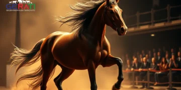 Ein fotorealistisches Bild zeigt eine dramatische Szene, die die Kontroverse um den Tierschutz in der Unterhaltungsbranche einfängt. Im Vordergrund steht ein beeindruckendes, majestätisches Pferd in einer natürlichen, friedlichen Umgebung. Das Pferd ist in Bewegung, was seine Athletik und Eleganz mit wehender Mähne betont. Um das Pferd herum sind subtile Anzeichen einer Aufführungsatmosphäre zu erkennen, wie schwache Bühnenlichter und ein verschwommenes Publikum im Hintergrund, was auf ein Live-Show-Setting hindeutet. Die Beleuchtung ist warm und leicht gedimmt, was eine gespannte und nachdenkliche Stimmung hervorruft. Der Hintergrund zeigt einen Kontrast zwischen Natur und von Menschen geschaffenen Elementen, was die Debatte zwischen natürlichen Lebensräumen für Tiere und ihrer Rolle in der menschlichen Unterhaltung symbolisiert. Der Gesamteindruck ist nachdenklich und lädt den Betrachter dazu ein, über das Gleichgewicht zwischen Tierschutz und Unterhaltung nachzudenken.