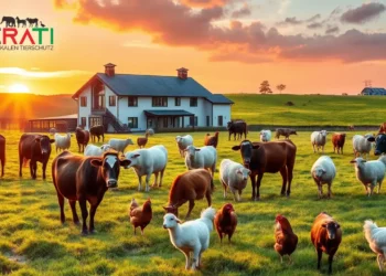 Eine fotorealistische Szene zeigt eine friedliche ländliche Landschaft bei Sonnenaufgang, die das Gleichgewicht zwischen Landwirtschaft und Tierschutz symbolisiert. Im Vordergrund grasen verschiedene Nutztiere wie Kühe, Schafe und Hühner zufrieden auf saftig grünen Weiden. Im Hintergrund steht ein modernes Bauernhaus, das die landwirtschaftlichen Interessen repräsentiert. Der Himmel ist in lebhaften Orange- und Rosatönen gefärbt, was Hoffnung und einen Neuanfang symbolisiert. Die Szene vermittelt Harmonie und Integration zwischen Natur und Landwirtschaft und spiegelt das Thema des Artikels wider, wie Tierschutzbeauftragte einen ausgewogenen Ansatz zwischen Tierschutz und landwirtschaftlichen Interessen finden können.