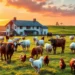 Eine fotorealistische Szene zeigt eine friedliche ländliche Landschaft bei Sonnenaufgang, die das Gleichgewicht zwischen Landwirtschaft und Tierschutz symbolisiert. Im Vordergrund grasen verschiedene Nutztiere wie Kühe, Schafe und Hühner zufrieden auf saftig grünen Weiden. Im Hintergrund steht ein modernes Bauernhaus, das die landwirtschaftlichen Interessen repräsentiert. Der Himmel ist in lebhaften Orange- und Rosatönen gefärbt, was Hoffnung und einen Neuanfang symbolisiert. Die Szene vermittelt Harmonie und Integration zwischen Natur und Landwirtschaft und spiegelt das Thema des Artikels wider, wie Tierschutzbeauftragte einen ausgewogenen Ansatz zwischen Tierschutz und landwirtschaftlichen Interessen finden können.