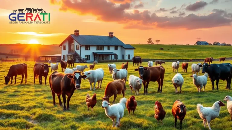 Eine fotorealistische Szene zeigt eine friedliche ländliche Landschaft bei Sonnenaufgang, die das Gleichgewicht zwischen Landwirtschaft und Tierschutz symbolisiert. Im Vordergrund grasen verschiedene Nutztiere wie Kühe, Schafe und Hühner zufrieden auf saftig grünen Weiden. Im Hintergrund steht ein modernes Bauernhaus, das die landwirtschaftlichen Interessen repräsentiert. Der Himmel ist in lebhaften Orange- und Rosatönen gefärbt, was Hoffnung und einen Neuanfang symbolisiert. Die Szene vermittelt Harmonie und Integration zwischen Natur und Landwirtschaft und spiegelt das Thema des Artikels wider, wie Tierschutzbeauftragte einen ausgewogenen Ansatz zwischen Tierschutz und landwirtschaftlichen Interessen finden können.