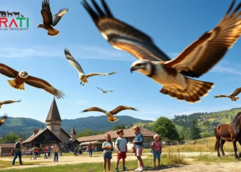 Ein Sommerabenteuer in der Stauferfalknerei Lorch: Greifvögel, Esel und mehr 24 Ein fotorealistisches Bild zeigt eine sommerliche Szene in der Stauferfalknerei Lorch. Im Vordergrund fliegen majestätische Greifvögel wie Adler, Falken und Eulen mit ausgebreiteten Flügeln vor der Kulisse der sanften Hügel der Schwäbischen Alb. Der klare blaue Himmel hebt die historische Architektur der Falknerei hervor, die in die Landschaft eingebettet ist und ihr mittelalterliches Erbe widerspiegelt. Im mittleren Bereich beobachten Kinder und Familien fasziniert die Vögel, was die interaktive und lehrreiche Seite des Erlebnisses unterstreicht. Seitlich streicheln Kinder sanfte Esel, was eine friedliche Verbindung zur Natur vermittelt. Die Atmosphäre ist lebendig und einladend und vereint Geschichte, Natur und familienfreundliche Aktivitäten.