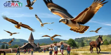 Ein Sommerabenteuer in der Stauferfalknerei Lorch: Greifvögel, Esel und mehr 19 Ein fotorealistisches Bild zeigt eine sommerliche Szene in der Stauferfalknerei Lorch. Im Vordergrund fliegen majestätische Greifvögel wie Adler, Falken und Eulen mit ausgebreiteten Flügeln vor der Kulisse der sanften Hügel der Schwäbischen Alb. Der klare blaue Himmel hebt die historische Architektur der Falknerei hervor, die in die Landschaft eingebettet ist und ihr mittelalterliches Erbe widerspiegelt. Im mittleren Bereich beobachten Kinder und Familien fasziniert die Vögel, was die interaktive und lehrreiche Seite des Erlebnisses unterstreicht. Seitlich streicheln Kinder sanfte Esel, was eine friedliche Verbindung zur Natur vermittelt. Die Atmosphäre ist lebendig und einladend und vereint Geschichte, Natur und familienfreundliche Aktivitäten.