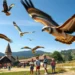 Ein fotorealistisches Bild zeigt eine sommerliche Szene in der Stauferfalknerei Lorch. Im Vordergrund fliegen majestätische Greifvögel wie Adler, Falken und Eulen mit ausgebreiteten Flügeln vor der Kulisse der sanften Hügel der Schwäbischen Alb. Der klare blaue Himmel hebt die historische Architektur der Falknerei hervor, die in die Landschaft eingebettet ist und ihr mittelalterliches Erbe widerspiegelt. Im mittleren Bereich beobachten Kinder und Familien fasziniert die Vögel, was die interaktive und lehrreiche Seite des Erlebnisses unterstreicht. Seitlich streicheln Kinder sanfte Esel, was eine friedliche Verbindung zur Natur vermittelt. Die Atmosphäre ist lebendig und einladend und vereint Geschichte, Natur und familienfreundliche Aktivitäten.