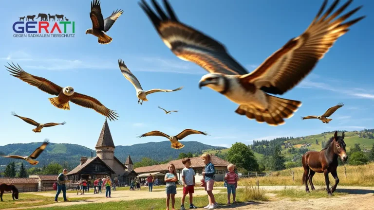 Ein fotorealistisches Bild zeigt eine sommerliche Szene in der Stauferfalknerei Lorch. Im Vordergrund fliegen majestätische Greifvögel wie Adler, Falken und Eulen mit ausgebreiteten Flügeln vor der Kulisse der sanften Hügel der Schwäbischen Alb. Der klare blaue Himmel hebt die historische Architektur der Falknerei hervor, die in die Landschaft eingebettet ist und ihr mittelalterliches Erbe widerspiegelt. Im mittleren Bereich beobachten Kinder und Familien fasziniert die Vögel, was die interaktive und lehrreiche Seite des Erlebnisses unterstreicht. Seitlich streicheln Kinder sanfte Esel, was eine friedliche Verbindung zur Natur vermittelt. Die Atmosphäre ist lebendig und einladend und vereint Geschichte, Natur und familienfreundliche Aktivitäten.