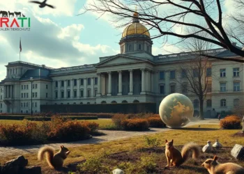 Das Titelbild zeigt eine städtische Umgebung mit einem imposanten Regierungsgebäude im Hintergrund, das Macht und politischen Einfluss symbolisiert. Im Vordergrund ist ein friedlicher, aber vernachlässigter Garten oder Park zu sehen, der die Schwerpunkte der Tierschutzpartei auf Umwelt- und Tierschutzthemen repräsentiert. Vögel und Eichhörnchen interagieren mit der Umgebung und verdeutlichen die Kernwerte der Partei. Schatten, die vom Regierungsgebäude geworfen werden, symbolisieren die Herausforderungen der Tierschutzpartei, um Sichtbarkeit und Relevanz zu erlangen. Die Atmosphäre des Bildes ist nachdenklich und regt zum Überlegen an, indem sie die Spannung zwischen radikalen Idealen und politischer Akzeptanz herausstellt.