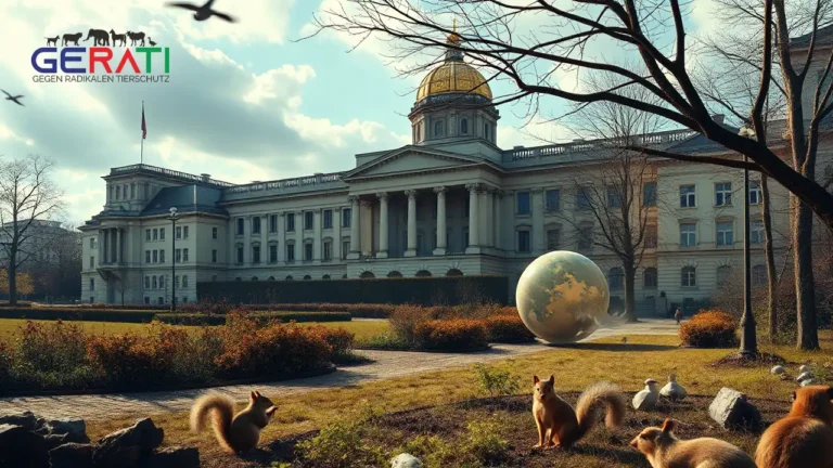 Das Titelbild zeigt eine städtische Umgebung mit einem imposanten Regierungsgebäude im Hintergrund, das Macht und politischen Einfluss symbolisiert. Im Vordergrund ist ein friedlicher, aber vernachlässigter Garten oder Park zu sehen, der die Schwerpunkte der Tierschutzpartei auf Umwelt- und Tierschutzthemen repräsentiert. Vögel und Eichhörnchen interagieren mit der Umgebung und verdeutlichen die Kernwerte der Partei. Schatten, die vom Regierungsgebäude geworfen werden, symbolisieren die Herausforderungen der Tierschutzpartei, um Sichtbarkeit und Relevanz zu erlangen. Die Atmosphäre des Bildes ist nachdenklich und regt zum Überlegen an, indem sie die Spannung zwischen radikalen Idealen und politischer Akzeptanz herausstellt.